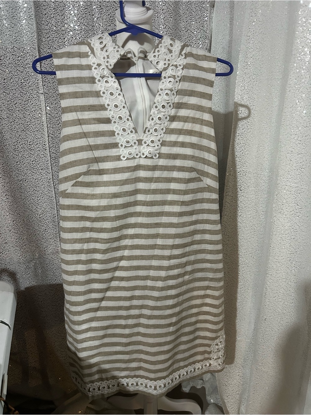 Eliza J Beige & White Striped Lace-Trim Sleeveless Midi Dress